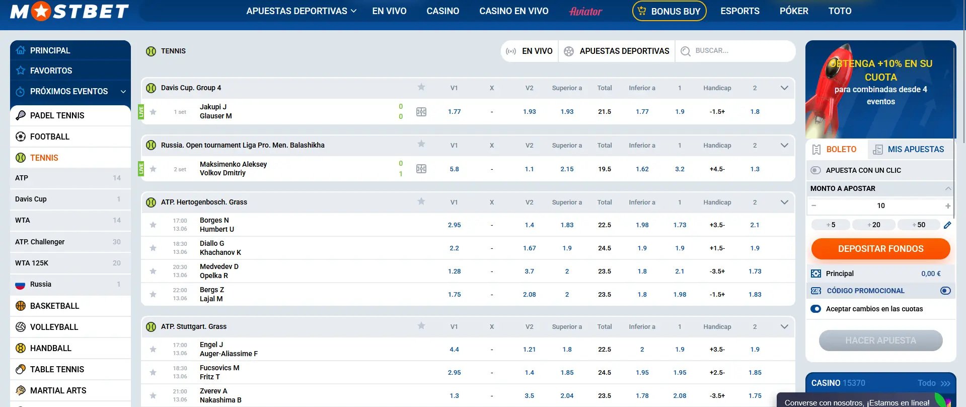 Apuestas de tenis en Mostbet