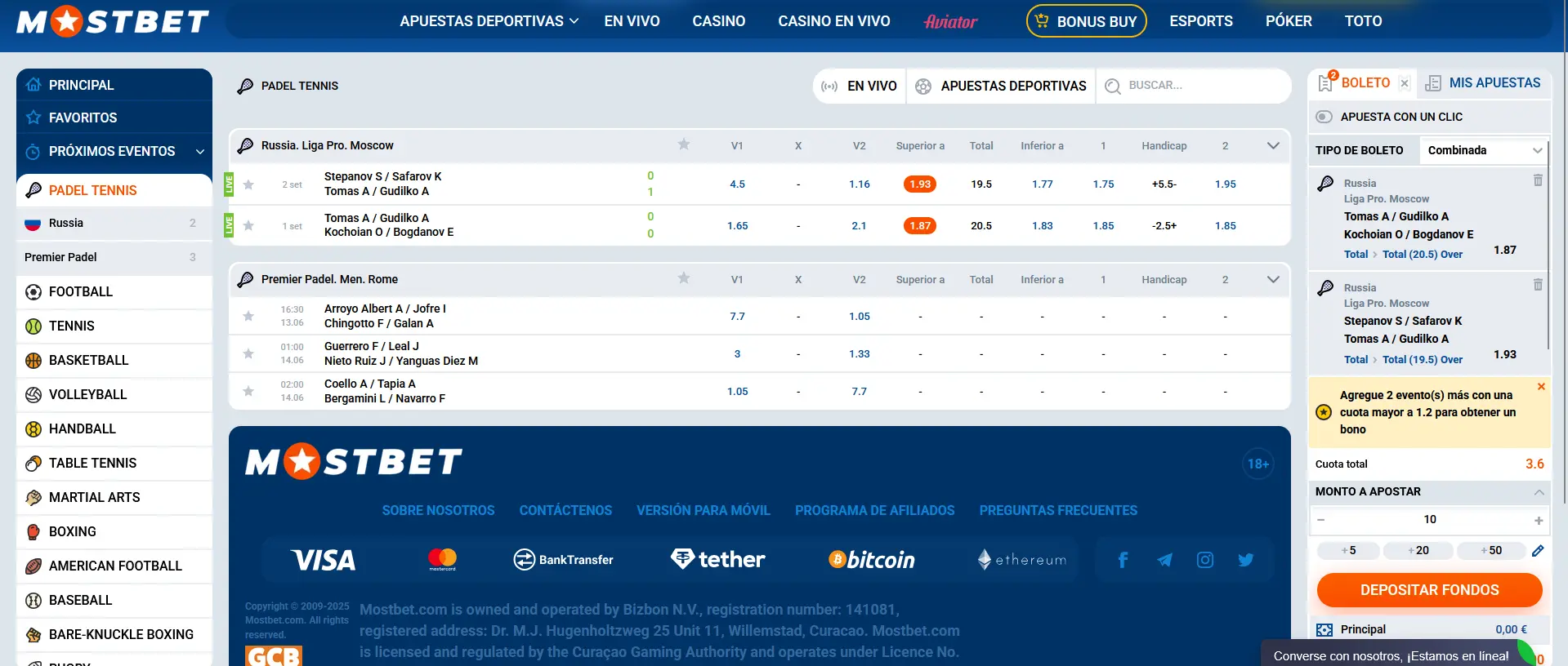 Cómo hacer apuestas de pádel en Mostbet