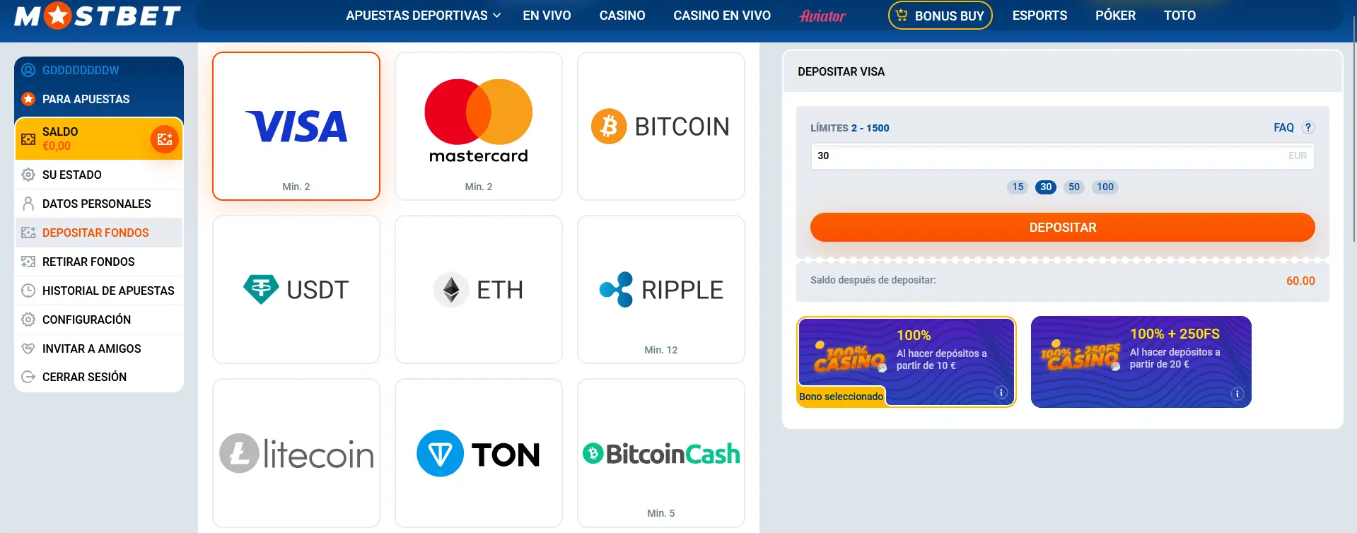 Depósito de fondos en Mostbet