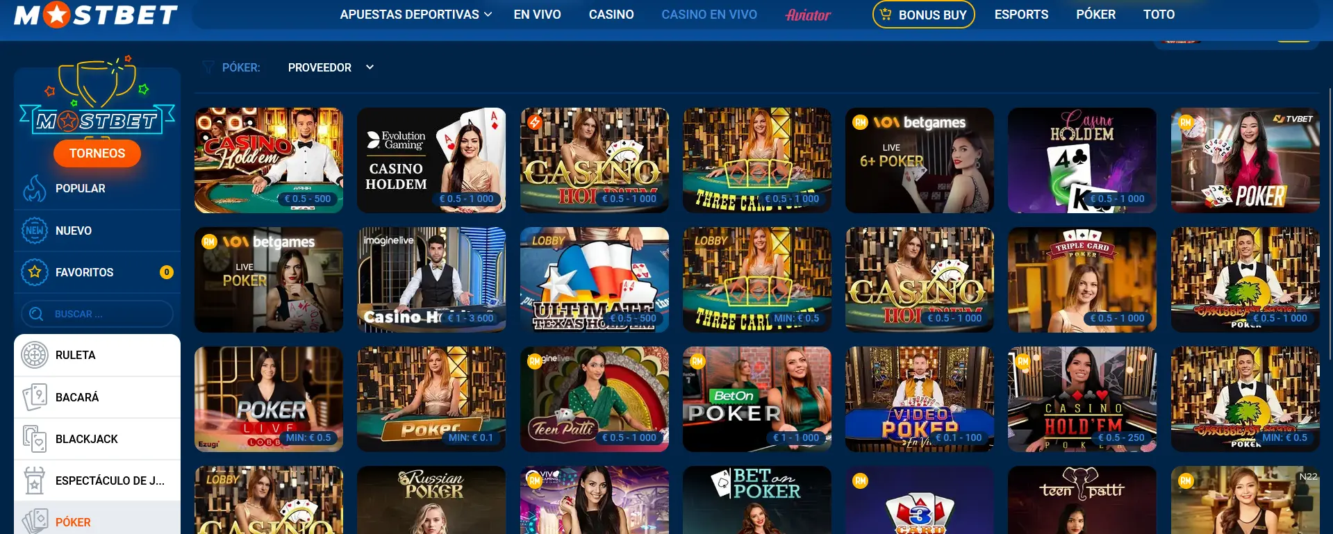 Póker en vivo en Mostbet